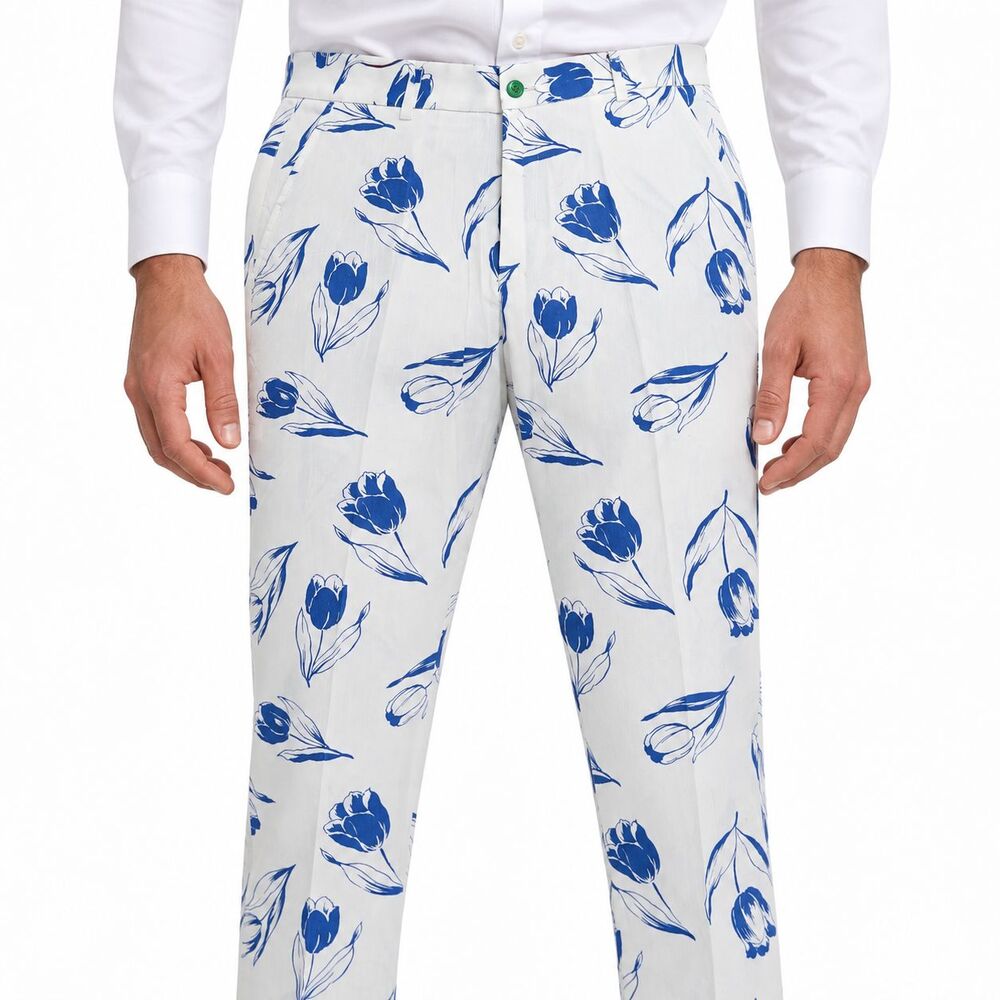 Mens 36 White Blue Tulip Floral Print Cotton Slim Fit Dress Pants Trousers NWT